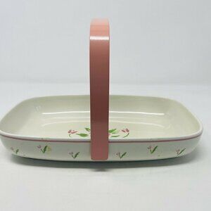 Vintage Teleflora 1985 Ceramic Serving Dish with Handle Pink Floral Print White